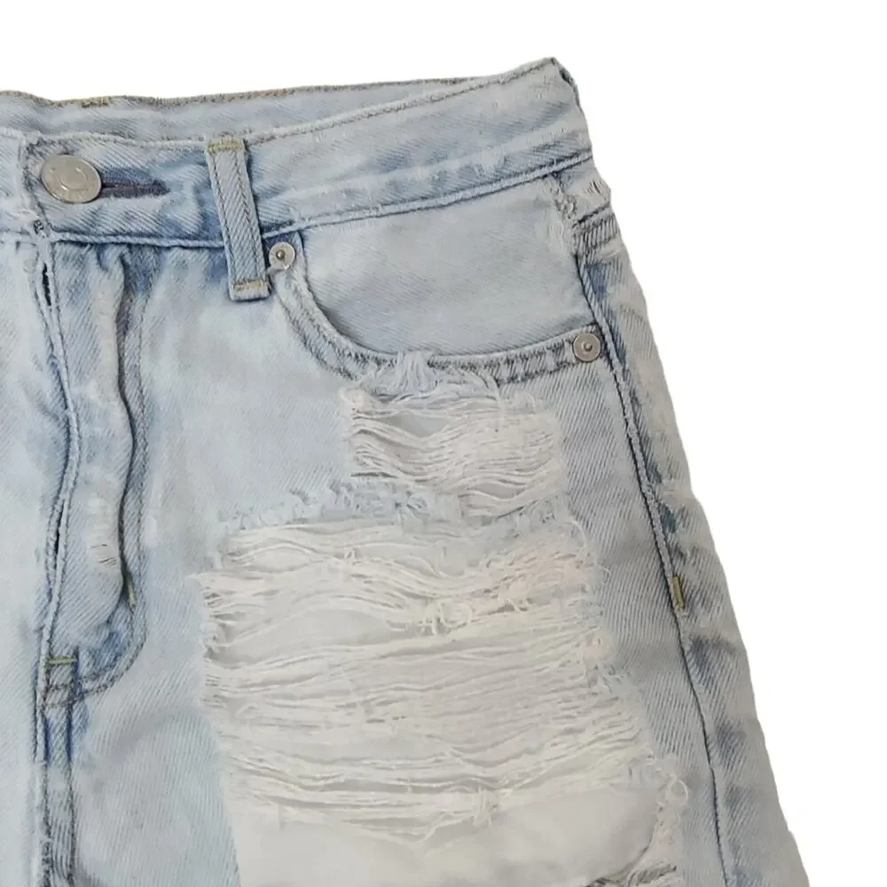 American Eagle Jean Shorts Women SZ 0 Mom Denim Blue Distressed Cut Off Festival